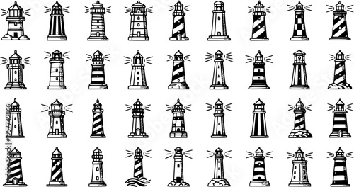 Coastal Maritime Navigation Lighthouses Line Art Icon Set. Hand-Drawn Black  White Vector Illustrations for Sea Travel  Safety.