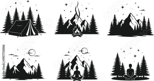 Camping and mountain adventure silhouette icon set with tent, campfire, pine forest and meditation figure under starry night sky vector illustration collection