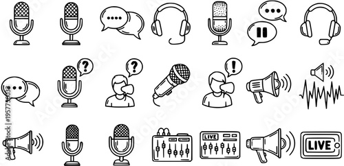 Podcast Icons: Microphones, Headphones, Megaphones, Sound Waves, Live Stream - Line Art