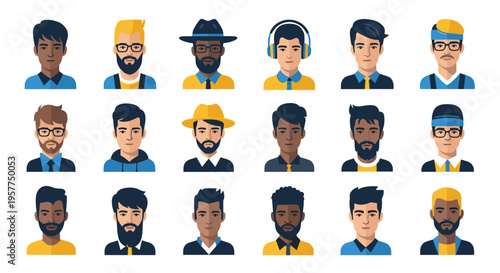 Diverse male avatars illustrating a spectrum of professions and backgrounds concept