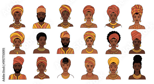 Illustration Set of Diverse African Women with Headwraps and Jewelry 