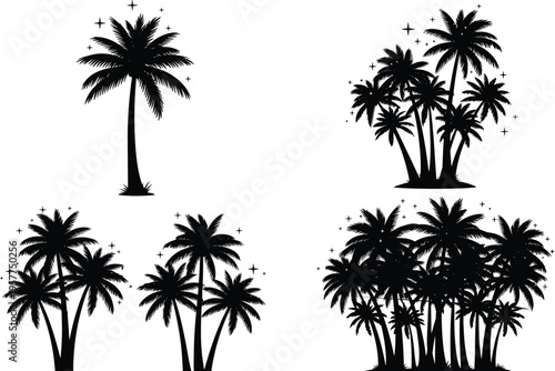 Silhouette palm tree groupings with decorative sparkles, tropical nature illustration set, exotic landscape elements for summer design, paradise vacation concept, magical decorati