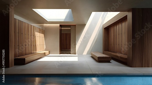 Modern spa changing room with minimalistic design and skylight