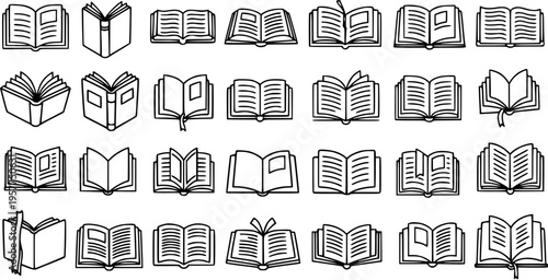 Education and Literature Black and White Line Art Icons Set: Collection of Open Books for Reading, Knowledge, and Study Concepts