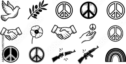 Peace, Anti-War, and Unity Vector Icons: Black and White Hand Drawn Line Art Set with Dove, Olive Branch, Handshake, Poppy, Broken Rifle, Rainbow.