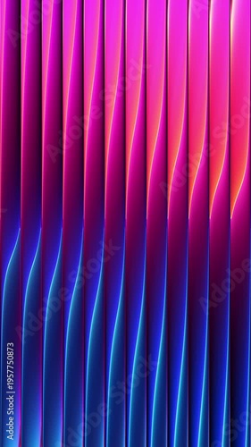 Abstract ribbed glass with flowing gradient blending intense pink cyan colors. Liquid vertical gradient flow and rotate across layered geometry for futuristic visual. Seamless loop. 4K vertical video