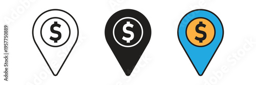 Financial Location Pin Vector Icon. Vector map pointer icons with a dollar symbol, representing bank locations, ATM finders, and geographic financial service points of interest.