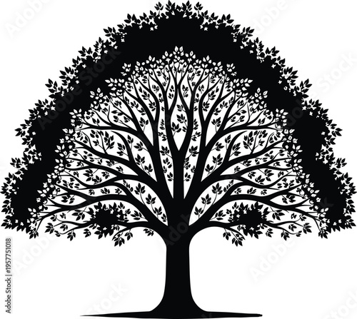 Stylized symmetrical tree silhouette with rounded canopy and dense leaves, decorative nature artwork symbolizing balance, growth, environmental design, creative forest illustration for