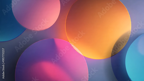 Abstract colorful spheres floating in soft light, modern graphic art, clean advertising layout with large empty space, minimalistic design in studio environment