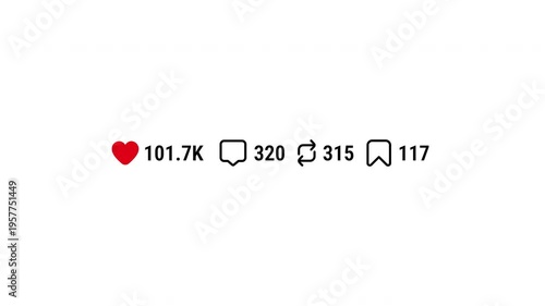Social network post screen animation increasing likes comments reposts icons 4k footage engagement statistics counter