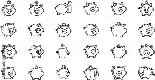 Black  White Line Art Finance Piggy Bank Icons Set. Outline symbols for savings, banking, money, and investment concepts.