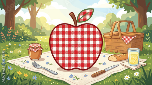 Picnic Blanket Red Gingham Apple Jar Bread Drink Basket Outdoors Summer Food