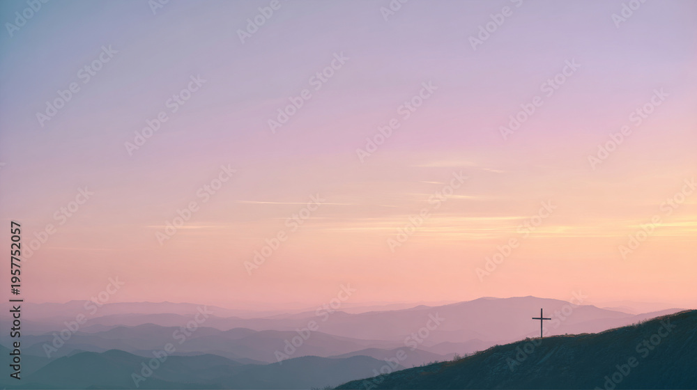 Fototapeta premium Light pastel dawn sky over rolling hills with subtle cross silhouette at distance, calm gradient colors, peaceful and uplifting easter morning mood, wide cinematic composition.