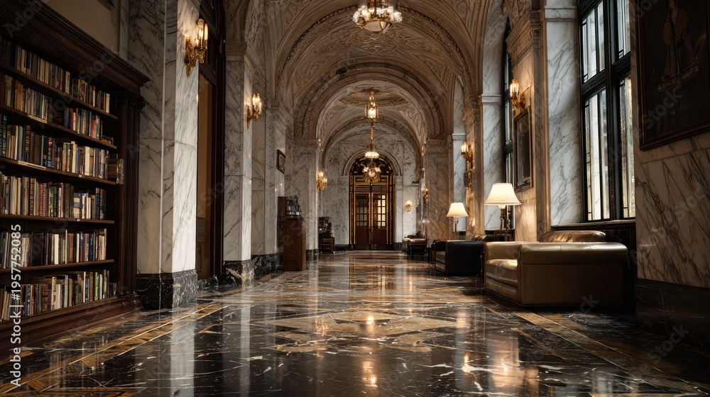 Fototapeta premium Elegant Reading Hall Features Marble Textures, High Ceilings, and Soft Ambient Light, Creating a Space for Quiet Reflection and Study