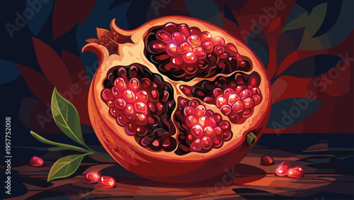 Fresh Pomegranate Halved, Vibrant Seeds, Healthy Food Photography for Commercial Use