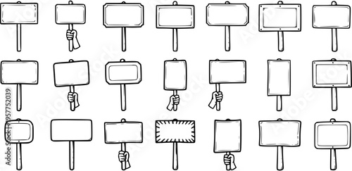 Black and White Line Art Collection of Hand-Held and Pole-Mounted Blank Signs and Banners