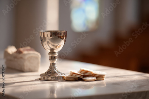 Medium shot of empty church altar with chalice and communion wafers neatly arranged, soft natural daylight, warm and peaceful sacred atmosphere, shallow depth of field.
