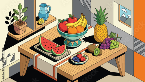 Fresh Fruit Bowl Tabletop Still Life Illustration - Healthy Eating Concept