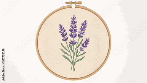 Lavender Cross Stitch Hoop Art - Handmade Floral Embroidery Design