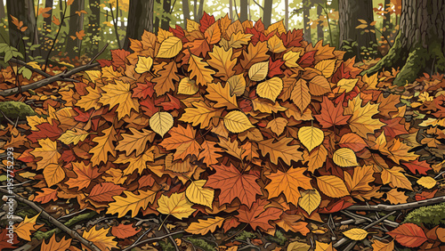 Vibrant Autumn Leaves Pile: Fall Season Forest Background for Seasonal Marketing & Design