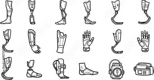 Black and White Line Art Vector Set of Prosthetic Limbs and Medical Devices
