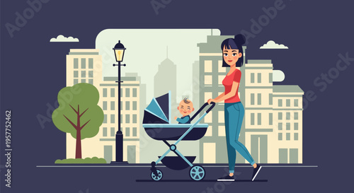 Woman pushing baby stroller city.