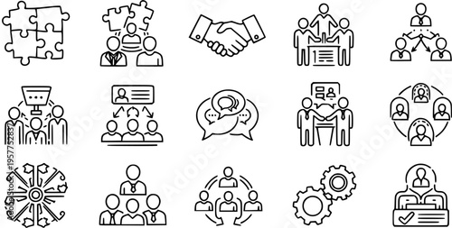 Business Teamwork and Collaboration Line Art Icons Set - Management, HR, and Communication Outline Symbols