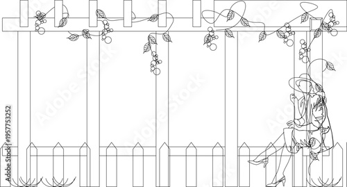 Technical landscape elevation drawing showing decorative picket fence with pointed tops, horizontal rails, climbing vines and person sitting on fence.