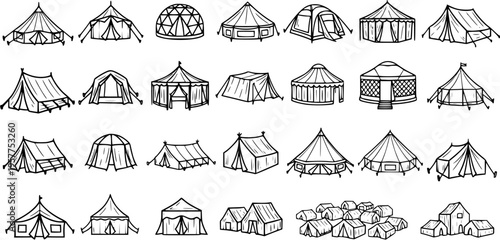 Black and White Line Art Illustration of Various Camping Tents and Shelters