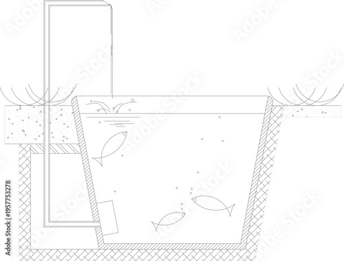 Technical architectural section detail showing water feature or koi pond construction with fish, structural walls, overflow piping and ground layers.