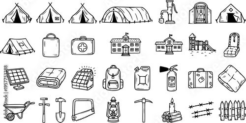 Black and White Line Art Icons of Camping and Outdoor Equipment