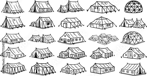 Diverse Camping Tents Collection, Black and White Line Art for Outdoor Recreation