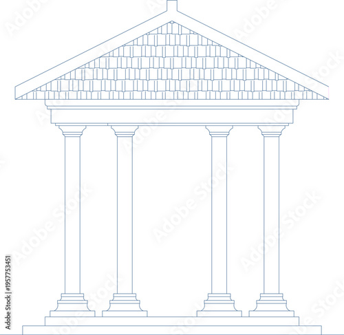 Technical architectural elevation drawing showing classical pavilion or temple structure with triangular pediment roof, four columns with capitals and bases.