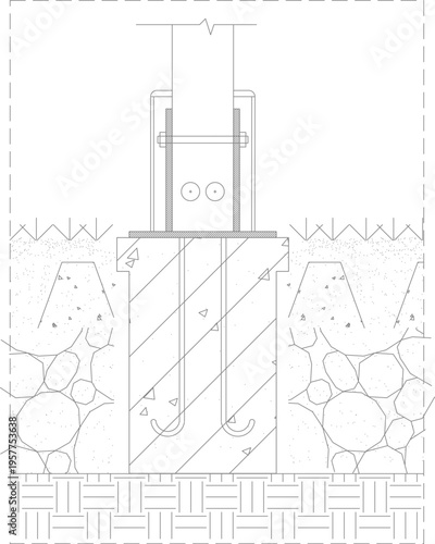 Technical architectural section detail showing structural post foundation with anchor bolts, concrete footing, drainage rocks and brick sub-base layer.