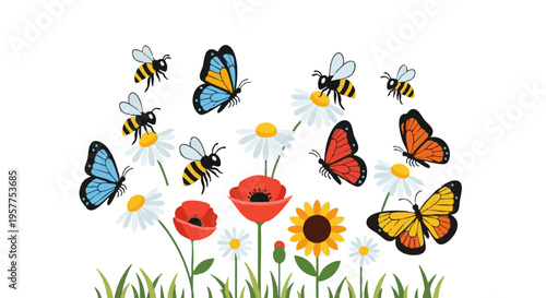 Colorful summer meadow scene with bees, butterflies, and flowers on a white background.