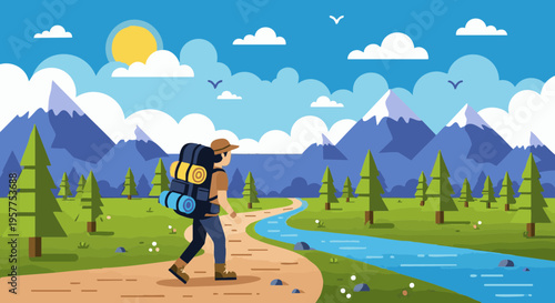 Man with backpack hiking on a trail through a mountain valley with a river and forest. Vector illustration.