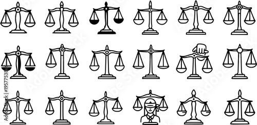 Set of Scales of Justice Icons, Law and Fairness Symbols, Black and White Line Art