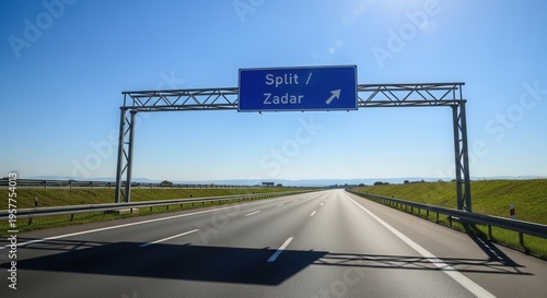Highway Sign For Split And Zadar Destinations Under Sunny Sky