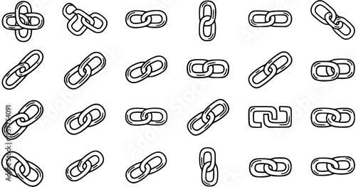 Black and White Line Art Icons of Interlocking Chain Links, Vector Graphics