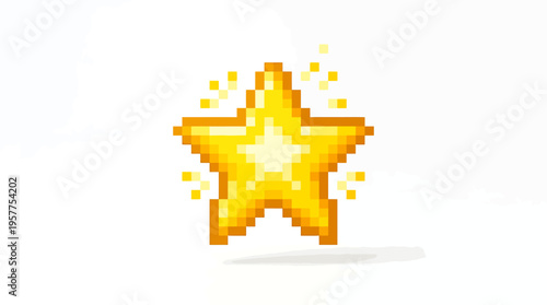 A dazzling pixelated golden star, gleaming with bright sparkles, perfect for illustrating top performance, premium quality, or a special award in various digital applications and game UI