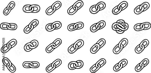 Technology  Business Hand Drawn Black and White Line Art Chain Link Icons Set. Outline Doodle Style Symbols for Web, Security, and Industrial Concepts.