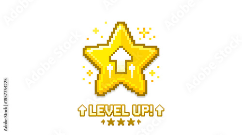 Pixel Art Golden Star Icon with Up Arrow and Level Up Text, Symbolizing Achievement and Progress in Gaming and Digital Media