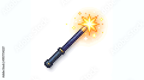 A whimsical pixel art magic wand sparkling with golden light, an enchanting digital illustration perfect for fantasy game assets, mystical app icons, and magical graphic design projects