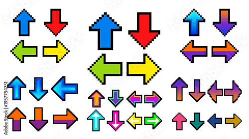 Vibrant assortment of pixel art directional arrows in various bright colors, perfect for retro game graphics, user interface design, and digital navigation elements