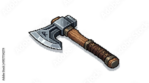 Pixel art isometric axe with rune engraving on the head, a rustic wooden handle wrapped in brown leather straps, perfect for game assets or fantasy themes