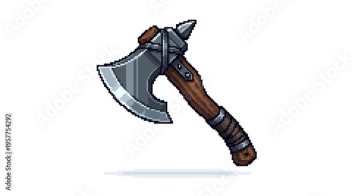 Pixel art battle axe with a sharp metal blade and rustic wooden handle. Perfect digital asset for medieval fantasy games, adventure projects, and historical illustrations