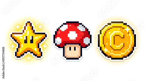 Vibrant pixel art set featuring a glowing golden star, a classic spotted mushroom, and a radiant currency coin, perfect for retro gaming aesthetics and digital collectibles