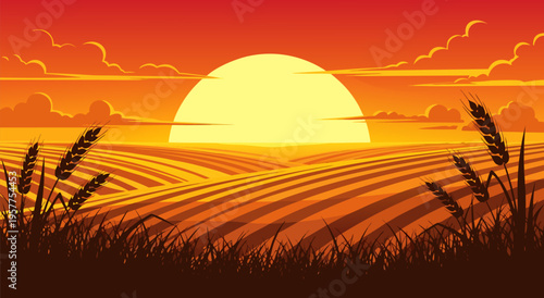 Golden Sunset Over Rolling Fields A Vibrant Vector Illustration of Nature's Beauty and Agricultural Harvest