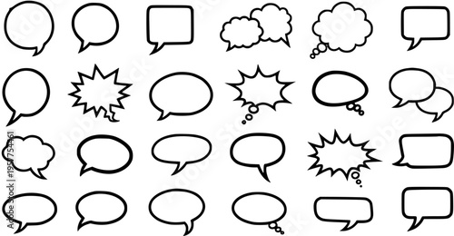 Vector Set of Black and White Line Art Speech Bubbles, Thought Bubbles, and Chat Icons for Communication and Design.