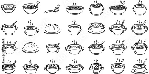 Black and White Line Art of Various Soups and Breads, Food Icons